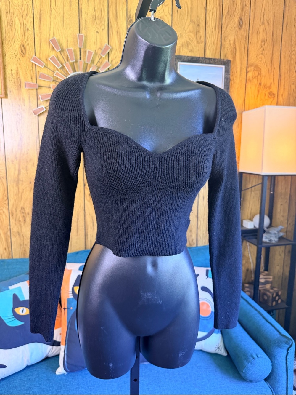 Princess Polly Black Ribbed Knit Sweetheart Neckline Top